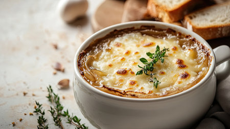 A heartwarming bowl of French onion soup with crispy bread and melted cheese, placed on a table with a light, airy background for ideal copy space and marketing purposes.の素材