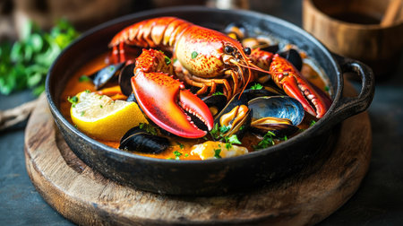 A delightful serving of broiled halved lobster with vibrant lemon, alongside a hearty bouillabaisse mussels seafood stew in a rustic pan, set on a wooden board with warm lighting.の素材