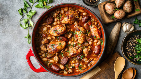 A flavorful French cassoulet with chicken, sausages, and beans in a red pot, placed on a grey concrete background with wooden spoonsの素材