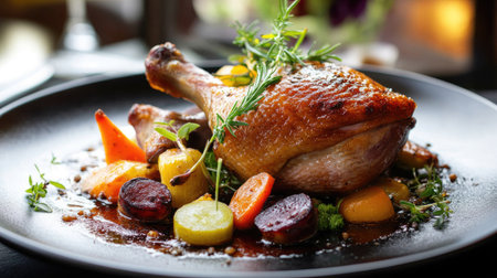 A gourmet serving of duck confit with perfectly cooked duck legs, garnished with vegetables and herbs, beautifully arranged for an elegant dining experience. -の素材