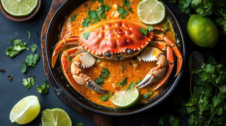 A gourmet presentation of steamed egg crab with fresh milk, beautifully paired with a rich and spicy seafood sauce,の素材