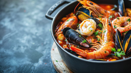 A mouthwatering close-up of bouillabaisse, featuring fish, king prawns, and mussels in a flavorful red wine sauce, served in a stylish modern pot, highlighting its textures with generous copy space.の素材