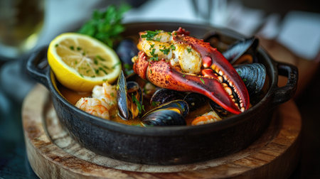 A delightful serving of broiled halved lobster with vibrant lemon, alongside a hearty bouillabaisse mussels seafood stew in a rustic pan, set on a wooden board with warm lighting.の素材