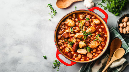 A flavorful French cassoulet with chicken, sausages, and beans in a red pot, placed on a grey concrete background with wooden spoonsの素材