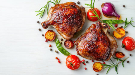 A flat lay of two spiced duck thighs with crispy skin, garnished with roasted vegetables, set on a bright white wooden surface for a fresh culinary scene.の素材