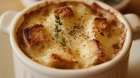 A mouthwatering top view of French onion soup, showcasing the rich cheese crust, crispy croutons, and fresh thyme, creating a warm and inviting atmosphere.の素材
