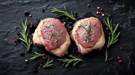 A striking top view of raw duck thighs with rosemary and spices, set against a black stone background, perfect for showcasing fresh poultry meat in culinary photography.の素材