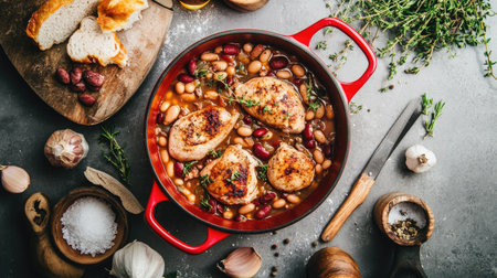A steaming cassoulet of chicken breast, sausage, and beans in a red pot, displayed from above on a grey concrete table, surrounded by ingredients and cooking tools. -の素材