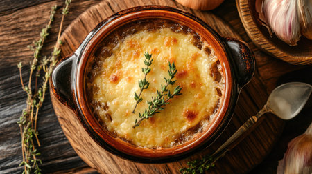 A rustic presentation of French onion soup from a top perspective, featuring bubbling cheese croutons and fresh thyme, ideal for gourmet food photography.の素材