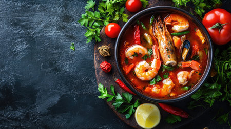 A mouthwatering top-down view of bouillabaisse soup, highlighting a mix of seafood in a fragrant broth, presented in a deep bowl surrounded by vibrant garnishes for a colorful dining experience.の素材