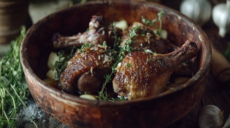 A rustic bowl of duck confit legs, surrounded by garlic and herbs, emphasizing the dish's comforting and hearty nature, ideal for food photography.の素材