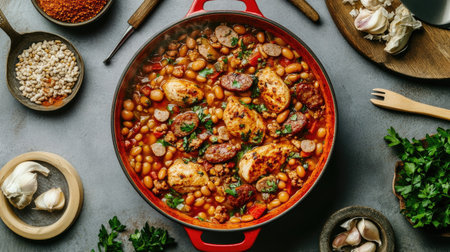 A steaming cassoulet of chicken breast, sausage, and beans in a red pot, displayed from above on a grey concrete table, surrounded by ingredients and cooking tools. -の素材