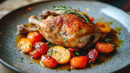 A serving of traditional French duck confit with crispy skin, resting on a plate with vibrant vegetables, captured in natural light for a warm culinary presentation.の素材