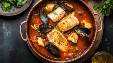 A stunning top view of traditional French bouillabaisse, featuring tender cod fish and plump mussels simmered in a rich red wine tomato sauce, elegantly presented in a rustic copper casserole.の素材
