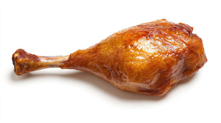 A single, succulent roast duck leg against a white background, emphasizing its crispy texture and juicy meat, perfect for culinary advertisements and recipe illustrations.の素材