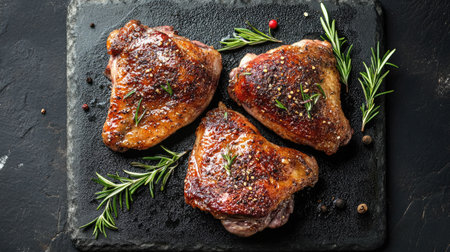 A striking top view of a baked duck thigh sprinkled with spices and fresh rosemary, arranged on a black stone cutting board, ideal for showcasing flavorful barbecue dishes.の素材