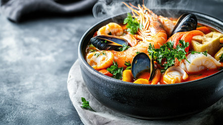 A steaming bowl of bouillabaisse displayed on a light surface, highlighting the medley of seafood and vegetables, with plenty of copy space for promotional use.の素材