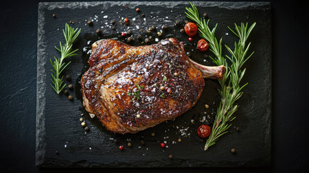 A striking top view of a baked duck thigh sprinkled with spices and fresh rosemary, arranged on a black stone cutting board, ideal for showcasing flavorful barbecue dishes.の素材