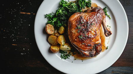 A succulent duck confit leg with a crisp brown exterior, viewed from above on a white plate, with sides of greens and potatoes, served on a dark wooden surface.の素材