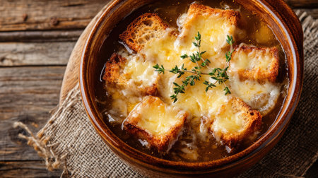 A top view of classic French onion soup, bubbling with golden cheese croutons and garnished with fresh thyme, elegantly served in a rustic bowl on a wooden table.の素材