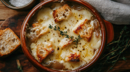 A top view of classic French onion soup, bubbling with golden cheese croutons and garnished with fresh thyme, elegantly served in a rustic bowl on a wooden table.の素材
