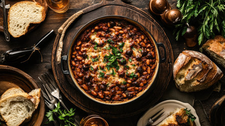 A top view of a family-style cassoulet in a large, rustic dish, surrounded by serving utensils, bread, and herbs, ready to be enjoyed at a festive meal.の素材