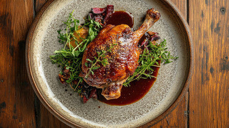A top view of a beautifully plated duck confit with herbs and sauce, served on a rustic plate, with the rich, crispy skin glistening in the light.の素材