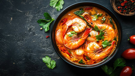 A top view of a hearty bowl of tom yum kung, showcasing the vibrant ingredients and shrimp in a black bowl, elegantly arranged on a dark stone table with ample copy space.の素材