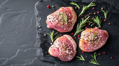 A top view of raw duck thighs, adorned with rosemary and spices, displayed on a dark stone surface, perfect for highlighting the preparation of gourmet dishes.の素材
