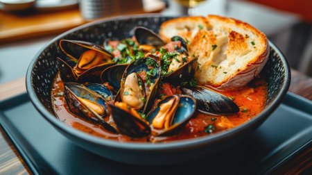A vibrant bowl of French bouillabaisse filled with mussels and assorted seafood, elegantly garnished and served with crispy garlic toast baguette on the side.の素材