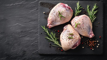 A top view of raw duck thighs, adorned with rosemary and spices, displayed on a dark stone surface, perfect for highlighting the preparation of gourmet dishes.の素材