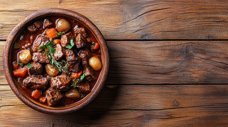 A top-down view of Boeuf Bourguignon in a rustic bowl on the left, with copy space on a warm-toned wooden background, ideal for food magazines or blogsの素材