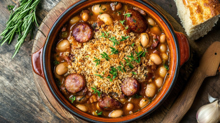 A top-down view of a traditional French cassoulet in a rustic dish, featuring beans, sausages, and tender meats, with crispy breadcrumbs on top. Perfect for culinary blogs.の素材