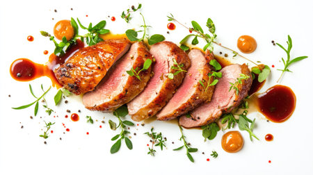 A vibrant presentation of roasted duck breast with sauce and fresh herbs, isolated on a bright white background, creating a clean and appetizing visual for food ads.の素材