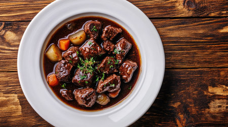 A traditional Boeuf Bourguignon served in a white bowl, viewed from above, with chunks of tender beef and vegetables in a glossy wine sauce, set on a wooden table.の素材