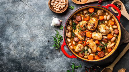 A vibrant cassoulet of chicken breast, sausages, white beans, and vegetables in a red pot on a textured grey surface. Ingredients and woodenの素材
