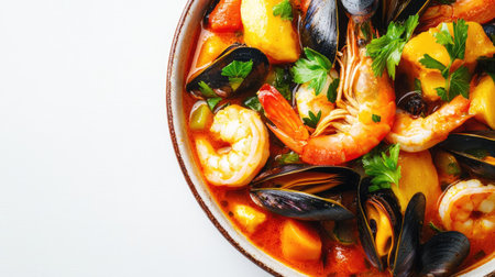 A vibrant close-up of bouillabaisse, highlighting the colorful seafood ingredients like shrimp and mussels in a spicy broth, elegantly arranged in a bowl against a clean white backgroundの素材