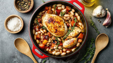A vibrant cassoulet of chicken breast, sausages, white beans, and vegetables in a red pot on a textured grey surface. Ingredients and woodenの素材