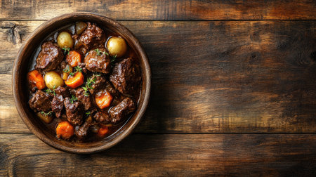 A top-down view of Boeuf Bourguignon in a rustic bowl on the left, with copy space on a warm-toned wooden background, ideal for food magazines or blogsの素材