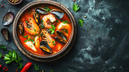 A vibrant top view of traditional French seafood bouillabaisse soup, showcasing a medley of fresh fish, mussels, and shrimp in a rich broth, garnished with herbs and served in a rustic bowl.の素材