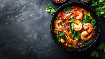 A vibrant top view of tom yum kung, featuring spicy shrimp and aromatic herbs in a sleek black bowl, beautifully arranged on a dark stone backgroundの素材