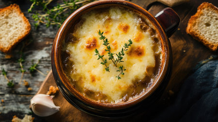 An artistic presentation of French onion soup from above, showcasing melted cheese croutons and sprigs of fresh thyme, perfect for culinary blogs and menus.の素材
