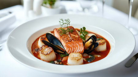 A vibrant red bouillabaisse soup featuring salmon, scallops, langoustines, and mussels, elegantly poured from a bowl into a pristine white plate on a white tablecloth.の素材