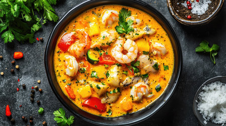 A vibrant top view of Brazilian moqueca featuring fish and shrimp in a black bowl, showcasing colorful vegetables and coconut milk, with ample copy space around.の素材