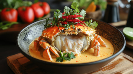 A vibrant dish of steamed egg crab filled with creamy fresh milk, beautifully drizzled with a spicy seafood sauce,の素材