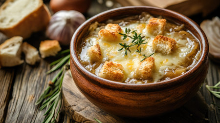 A warm bowl of French onion soup topped with golden, melted cheese and crispy croutons, elegantly presented on a rustic wooden table with plenty of copy space.の素材