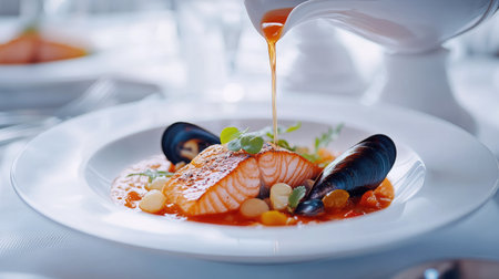 An artistic shot of appetizing red bouillabaisse soup being poured from a bowl, highlighting fresh salmon and mussels,の素材