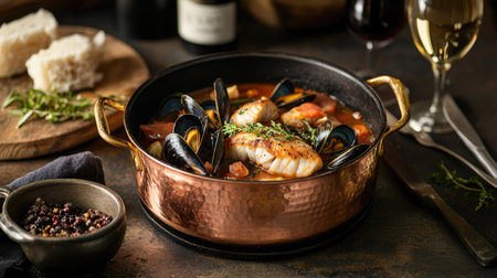 A warm presentation of traditional French bouillabaisse, highlighting tender cod fish and mussels in a rich red wine tomato sauce, served in a rustic copper casserole for an elegant touch.の素材