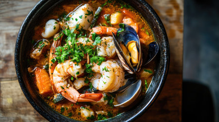 An inviting bowl of bouillabaisse viewed from above, featuring a variety of seafood and vegetables swimming in a fragrant broth, perfect for a cozy seaside dinner.の素材