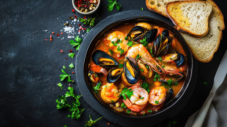 An inviting top view of bouillabaisse filled with colorful seafood and mussels, beautifully styled with a side of crunchy garlic toast baguette for an appetizing meal.の素材